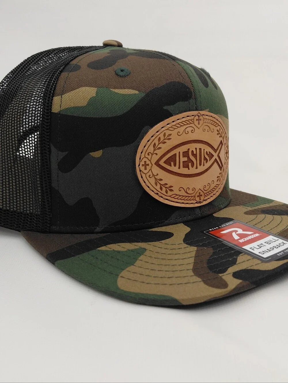 Jesus Fish Leather Patch Richardson Camouflage Mesh Snapback Hat